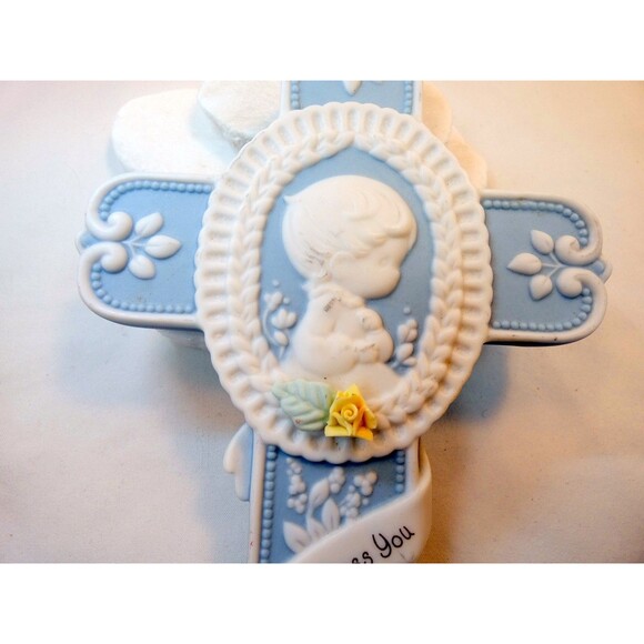 Precious Moments Heaven Bless You White Blue Boy 7” Cross 1996  New - Picture 2 of 6